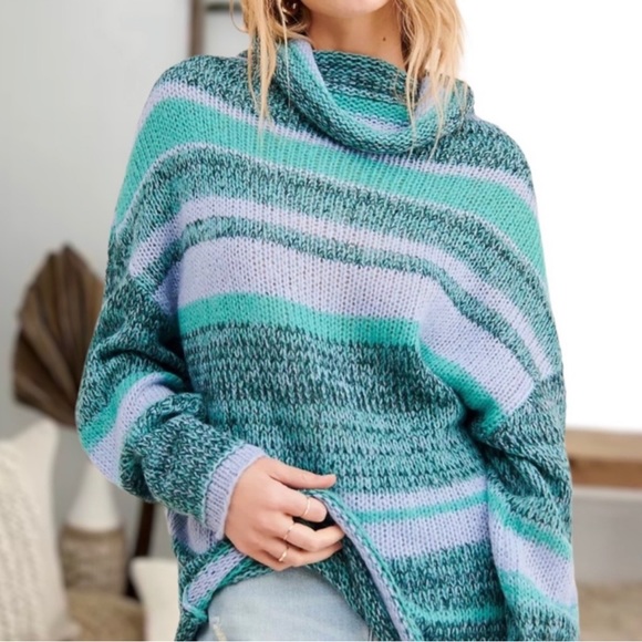 NWT Free People Alpaca Candy Stripe Tunic Sweater in Waterfalls Combo - Picture 2 of 8